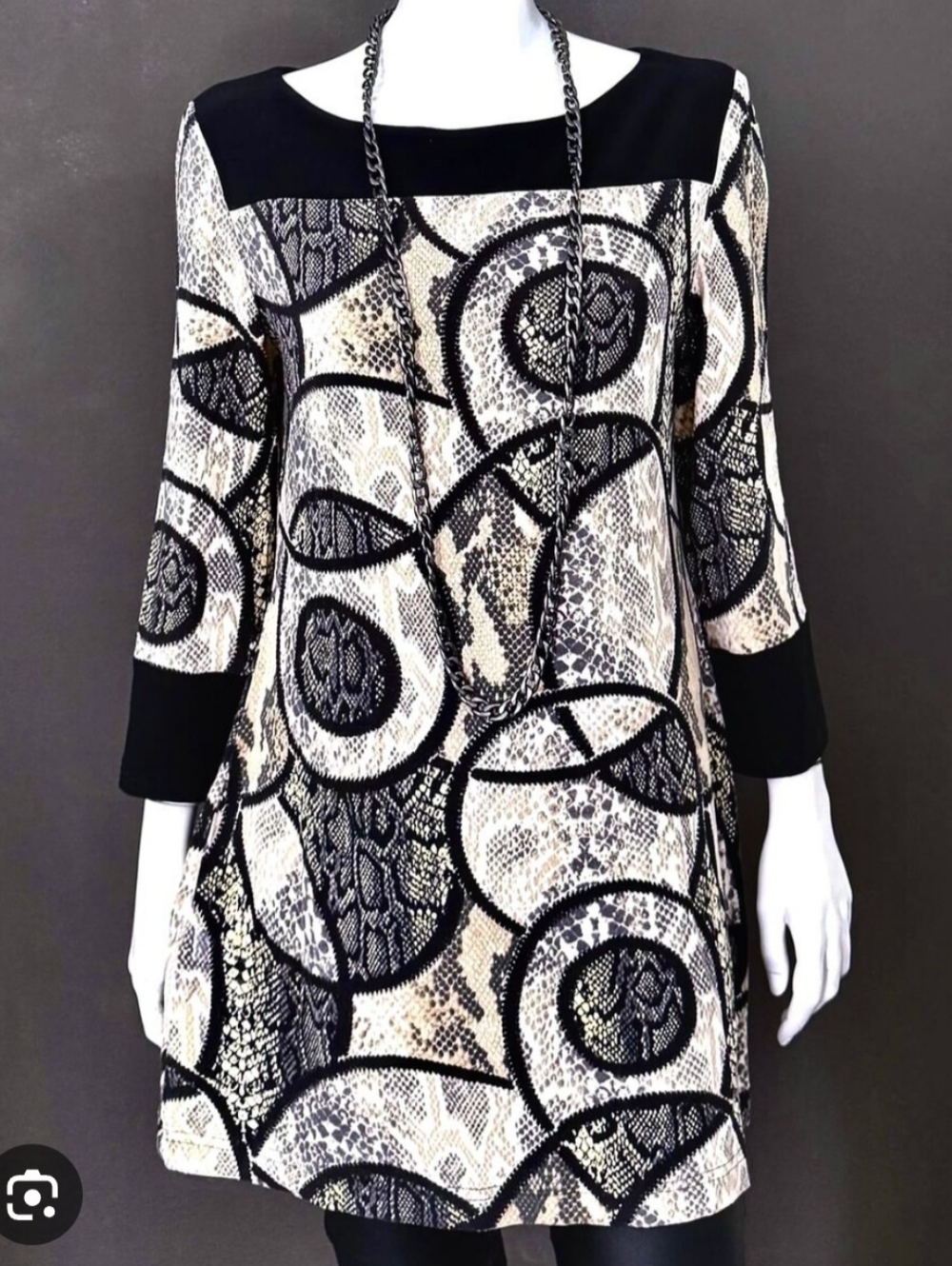 Joseph Ribkoff Black and Cream Patterned Tunic Dress